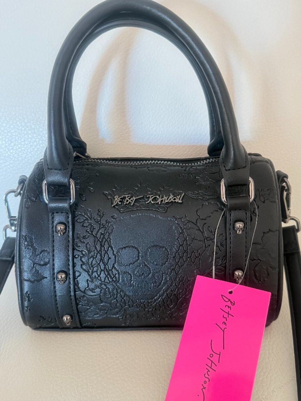 Betsey Johnson Mini Barrel Crossbody Purse Black w/ Embossed Skull #XOGABBI NWT